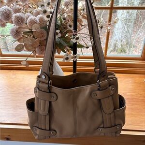 Tignanello Tan Leather Shoulder Bag with Structured Design